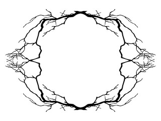 Frame of dry branches. Black vector silhouettes of four branches isolated on white background. Illustration of elements for Halloween holiday decor, print, tattoo.