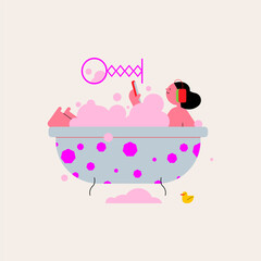 Happy woman taking a bath. Trendy vector illustration.