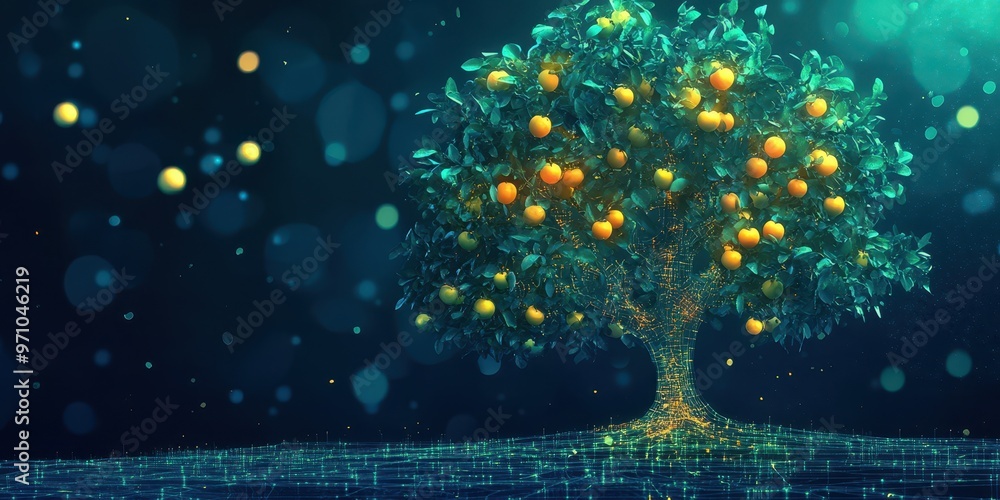 Poster a vibrant fruit tree illuminated against a dark background, showcasing luminous oranges and sparklin