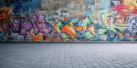 Fototapeta premium A vibrant graffiti-covered wall with colorful designs and a sleek pavement, perfect for urban-themed projects.