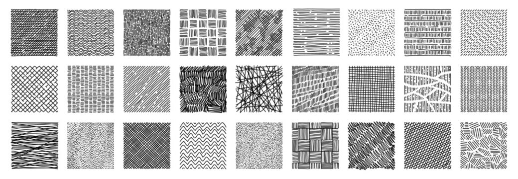 Line crosshatch patterns. Vector set of black and white abstract hand-drawn waves, grids, dots and textures varies in line density and style. Monochrome backgrounds with linear squiggles and sketches