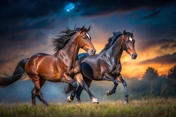 Obraz premium Brown and black horses running in a field at night