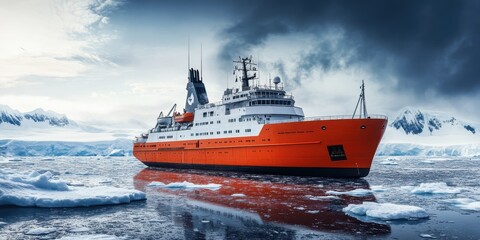 A vibrant orange research ship navigating through icy waters, surrounded by dramatic clouds and stunning polar scenery.