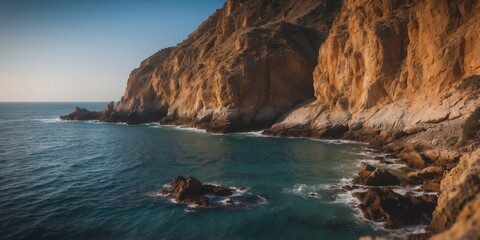Obraz premium A scenic view of coastal cliffs and the ocean in the late afternoon that highlights the rugged cliffs and deep blue waters.