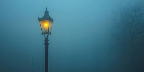 A vintage lantern emanating a warm glow amidst a dense fog, creating a serene and mysterious atmosphere.