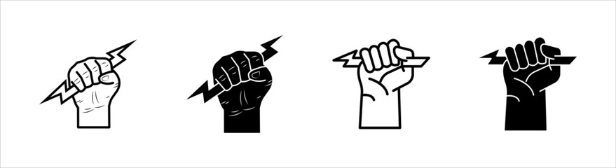 icon set Lightning holding in hand. Vector illustration flat design. Gesture with a fist. Symbol of victory and leader. 
