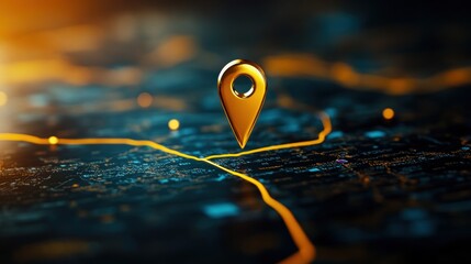 A close-up view of a gold location pin on a dark map, symbolizing navigation, direction, and digital mapping technology.