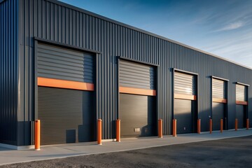 Obraz premium Modern Commercial Storage Warehouse with Blue Exterior and Orange Doors
