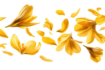 Beautiful close-up of yellow lily blossom with green leaves against a transparent background