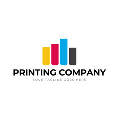 Printing company logo design with color ink tank graphics illustration with cyan, magenta, yellow, and black color.