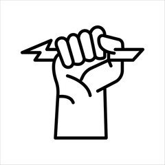 icon Lightning holding in hand. Vector illustration flat design. Gesture with a fist. Symbol of victory and leader. 