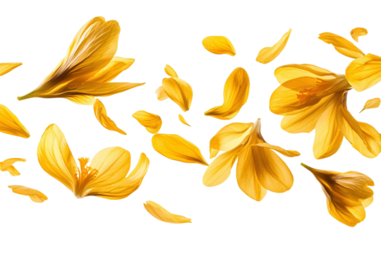 Beautiful close-up of yellow lily blossom with green leaves against a transparent background