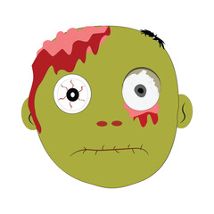 Zombie face Expressions illustration, cartoon zombie faces with different emotions, happy, confused, neutral, and scared, featuring green skin, messy hair, and bloodshot eyes.