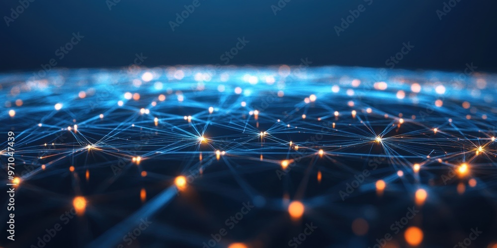 Poster abstract network visualization with glowing nodes, representing digital connections and technologica