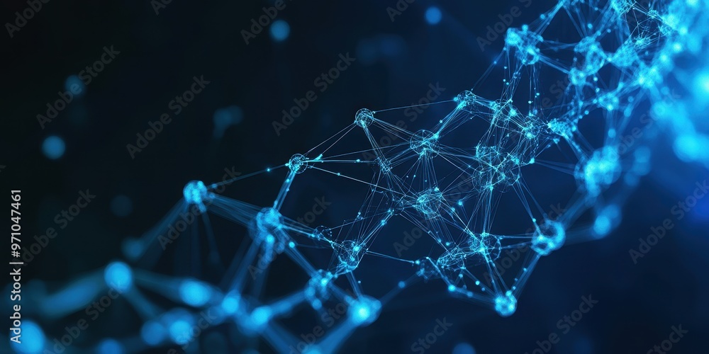 Poster abstract representation of a network made of glowing blue nodes and connections, symbolizing technol
