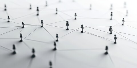 Abstract network concept with miniature figures connected by lines, symbolizing communication, teamwork, and social interaction.