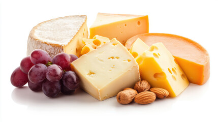 A variety of cheeses and nuts are displayed on a white background