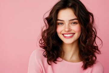 Fototapeta premium A cheerful young woman with wavy brunette hair and a beaming smile, dressed in a pink top, set against a complementary pink background. with generative ai
