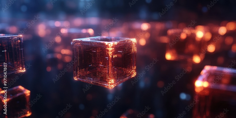 Poster an abstract representation of glowing cubes floating in a digital space, perfect for technology and 