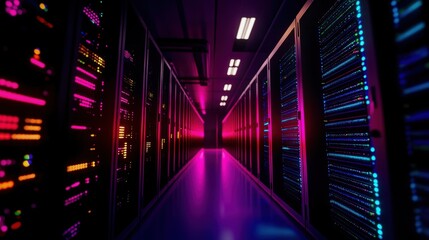 Fototapeta premium A futuristic data center corridor illuminated with vibrant neon lights, showcasing rows of servers in a high-tech environment.