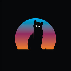 Silhouette of a cat against a retro sunset. Original vector illustration in vintage style.