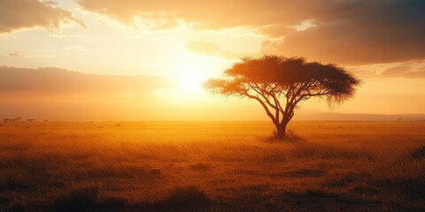 Obraz premium An enchanting sunset silhouette of a lone tree against a golden sky, creating a serene and peaceful atmosphere.