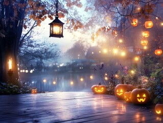Haunted forest festival glowing lanterns and jack-o-lanterns lining the misty paths