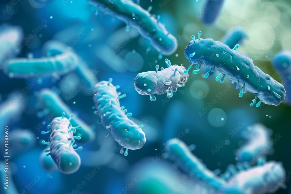 Poster 3d rendering of a group of blue bacteria floating in a body system