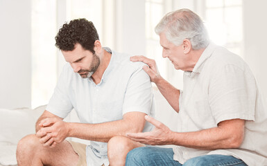 Sad, support and talking with senior father and man for love, compassion or helping others....