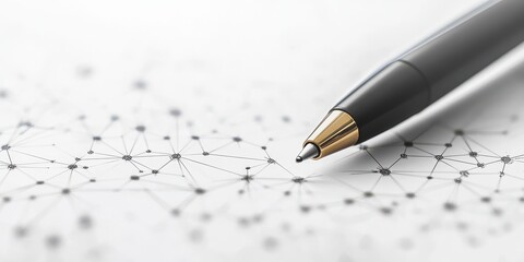Close-up of a pen resting on a sheet with a network of dots and lines, symbolizing connections and creativity.