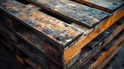 Close-up of a weathered wooden pallet with rough textures, capturing the grain details and industrial wear in a dimly lit warehouse