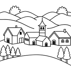 Fototapeta premium rural village scene outline coloring book page line art drawing