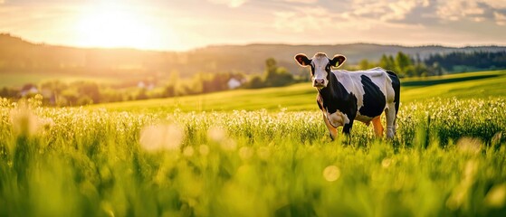 A picturesque scene of a cow grazing in a vibrant green field under a stunning sunset. Nature's beauty on a farm.