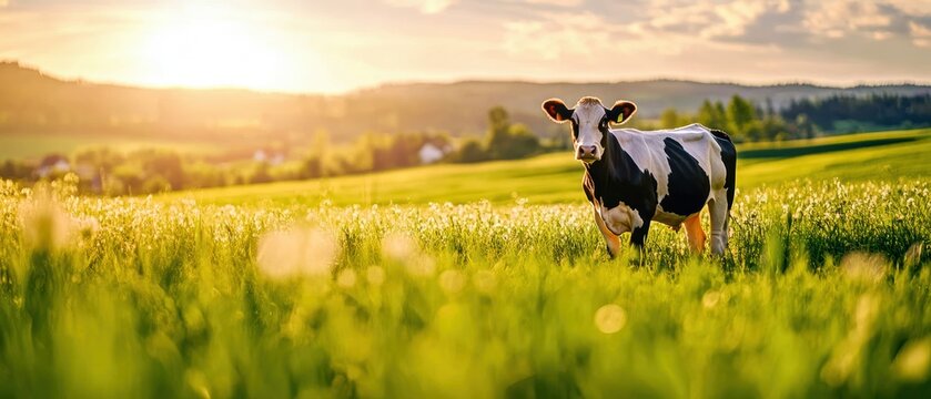 A picturesque scene of a cow grazing in a vibrant green field under a stunning sunset. Nature's beauty on a farm. - Powered by Adobe