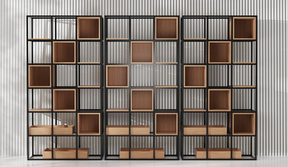 Shelves, square wooden shelves in a simple room, modern style, 3D rendering