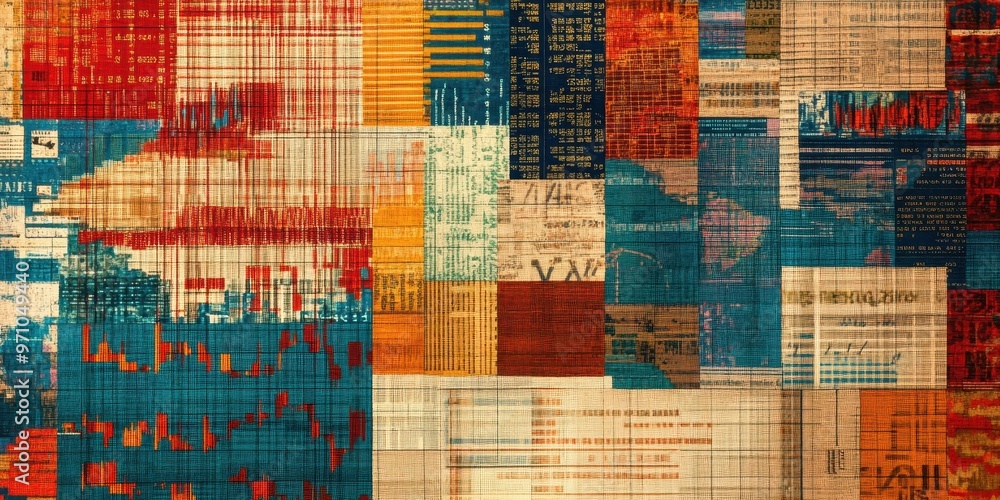 Poster colorful abstract composition showcasing various textures and patterns, ideal for creative projects 