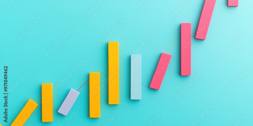 Poster colorful blocks arranged in an ascending pattern, symbolizing growth and progress on a vibrant blue 