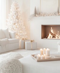 Modern, and stylish living room with a blazing fireplace and white sofa, decorated for Christmas, with a minimalist Christmas tree decorated with lights. Cozy atmosphere, Scandinavian interior design.