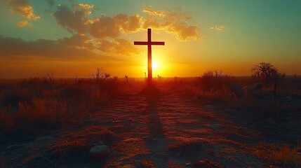 the Crucifixion of Jesus Christ with a cross silhouetted against a sunset, reflecting religious themes and dramatic lighting.