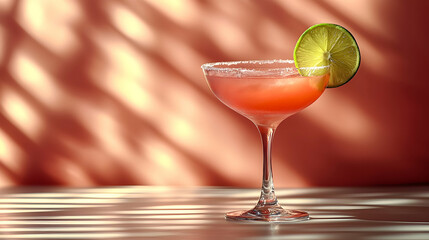 A Pink Cocktail with Lime Wedge in a Glass - Illustration