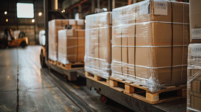 Pallets of stacked boxes being carefully loaded onto a dolly in a bustling warehouse during daytime operations
