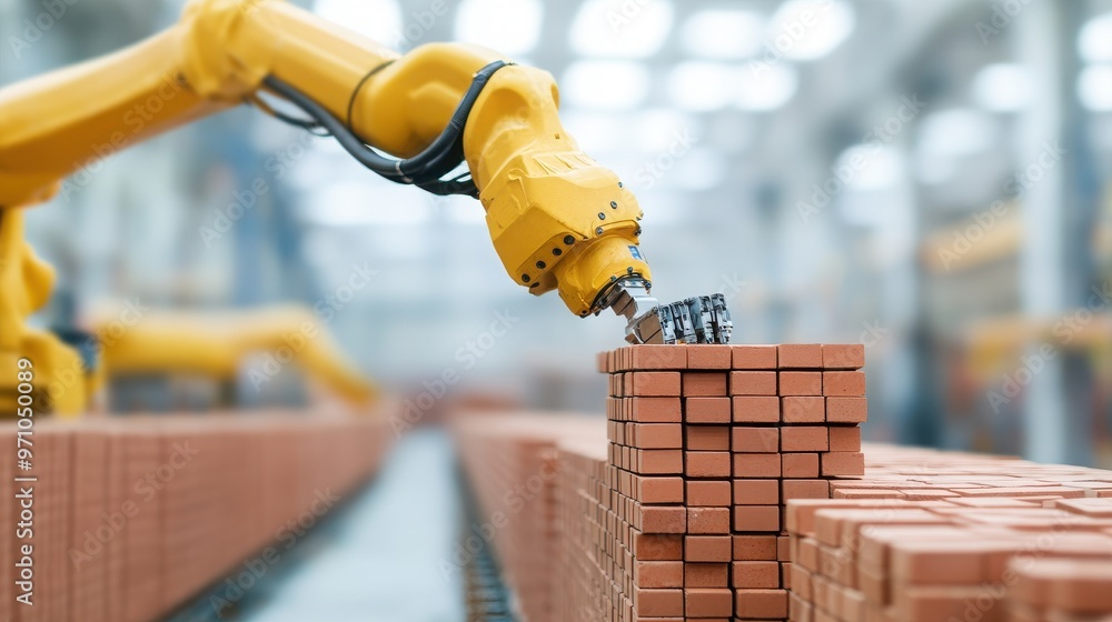 Poster a robotic arm efficiently stacking bricks in a modern manufacturing facility, showcasing advanced au