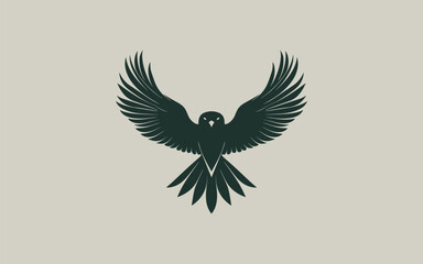 A sleek and minimalistic falcon logo featuring a bird with outstretched wings in a symmetrical design. The dark green falcon silhouette contrasts sharply against a light background, creating a clean a
