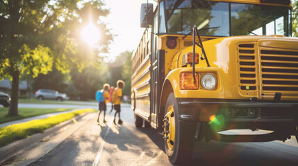 School bus picking up children on a sunny morning, marking the start of a new school year in a suburban neighborhood
