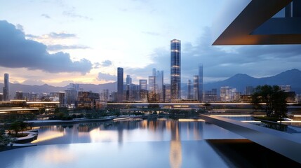 Fototapeta premium Modern City Skyline at Dusk with Reflecting Pool