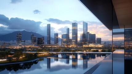 Fototapeta premium Modern Cityscape with Reflection in Water at Sunset