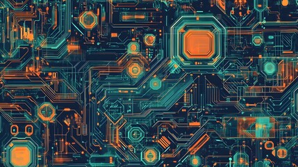 Fototapeta premium Modern AI circuits and neural networks visualized in a seamless pattern