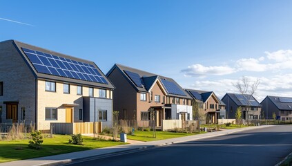 Sustainable living - new housing development with solar panels under a clear sky