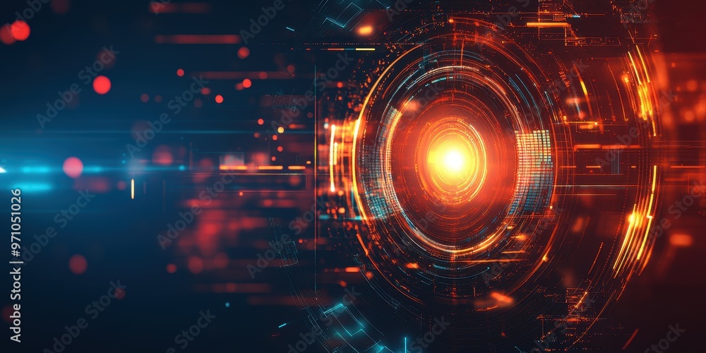 Poster futuristic design featuring an abstract glowing element and dynamic light trails, perfect for techno