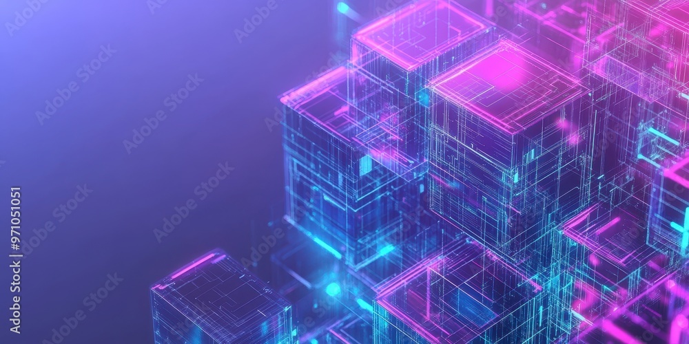 Poster futuristic digital cubes with vibrant neon colors, creating a dynamic and immersive abstract technol